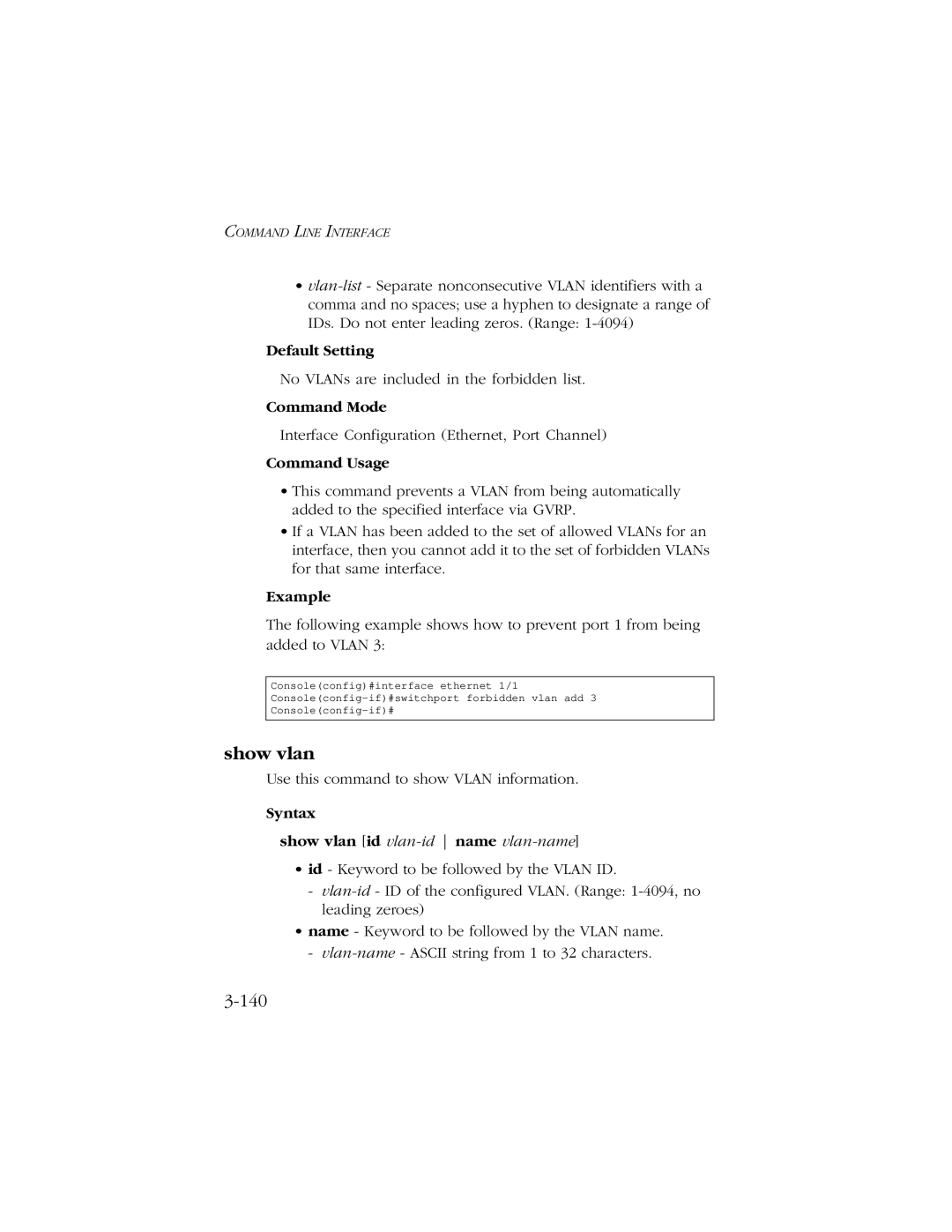 SMC Networks 10/100/1000 SMCGS8P-Smart manual 140, Syntax Show vlan id vlan-idname vlan-name 