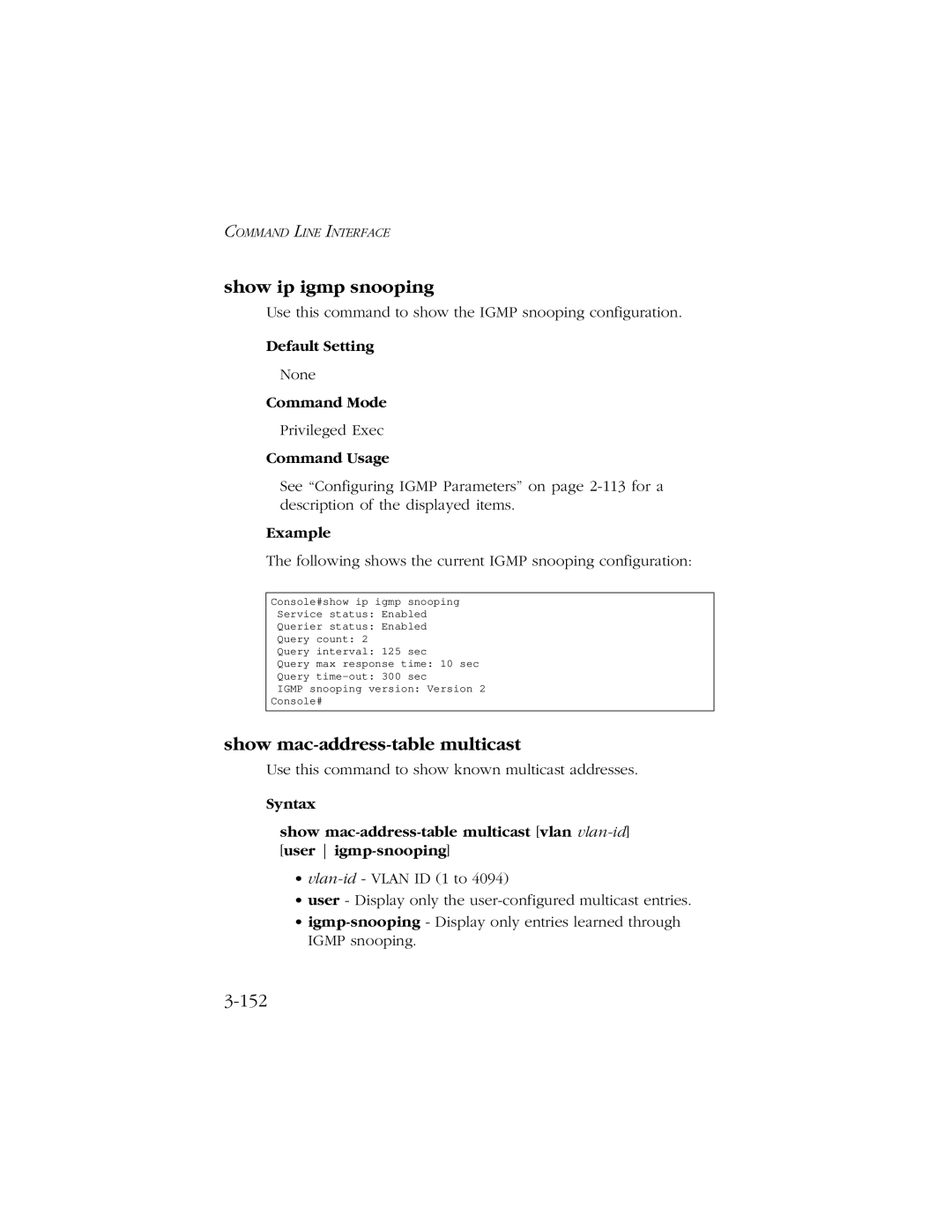 SMC Networks 10/100/1000 SMCGS8P-Smart manual Show ip igmp snooping, Show mac-address-table multicast, 152 