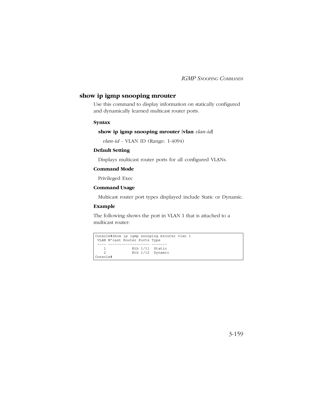 SMC Networks 10/100/1000 SMCGS8P-Smart manual Show ip igmp snooping mrouter, 159 