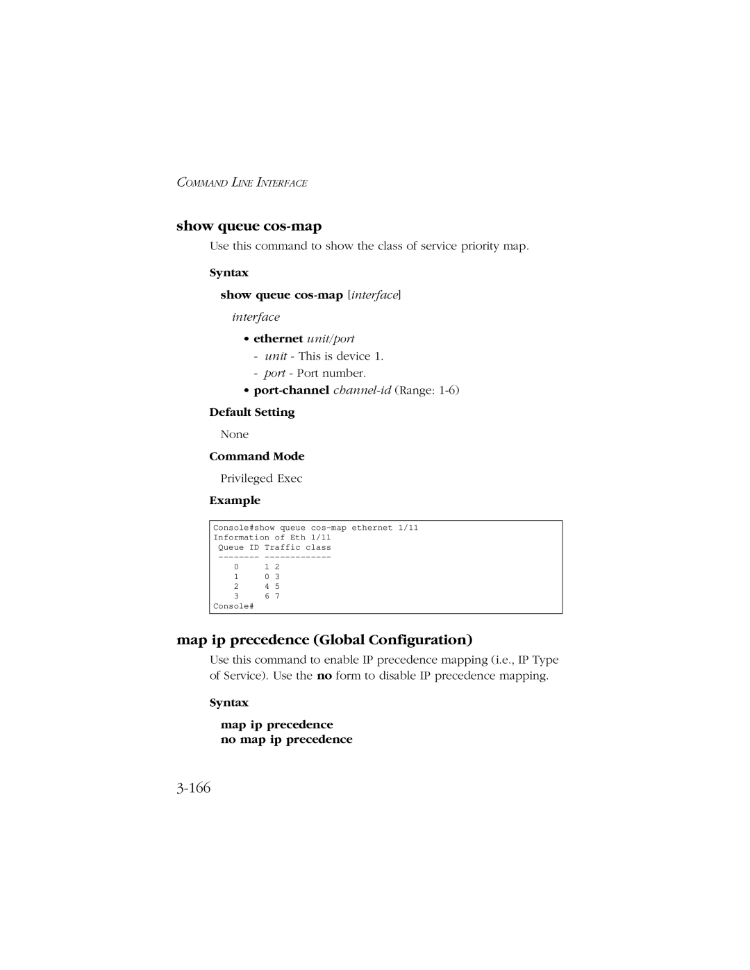 SMC Networks 10/100/1000 SMCGS8P-Smart manual Show queue cos-map, Map ip precedence Global Configuration, 166 