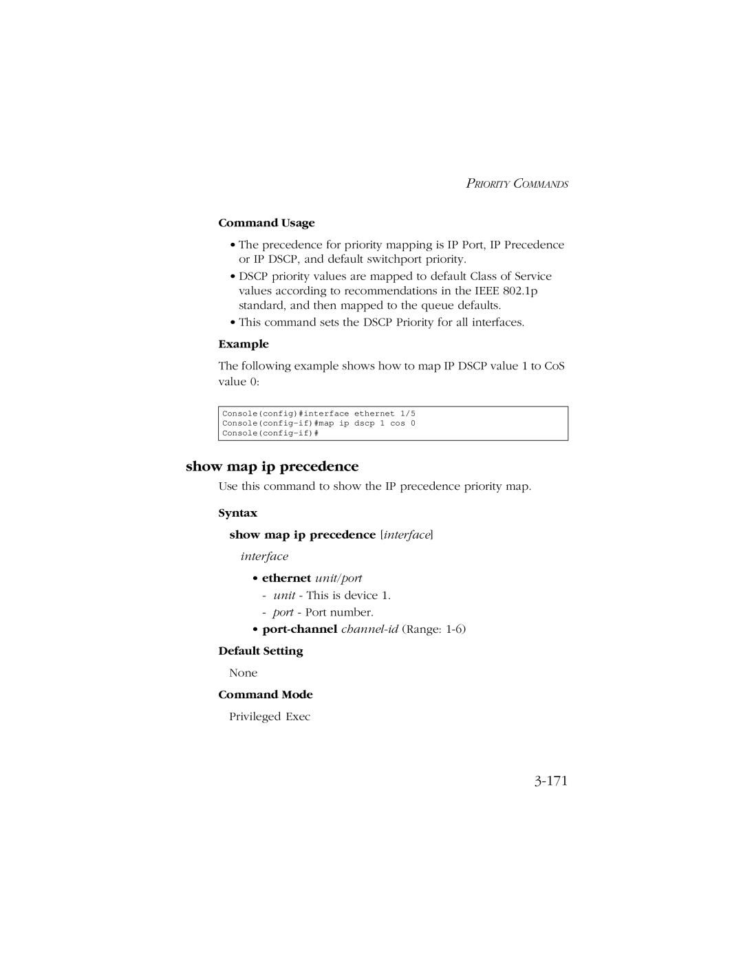 SMC Networks 10/100/1000 SMCGS8P-Smart manual 171, Syntax Show map ip precedence interface 