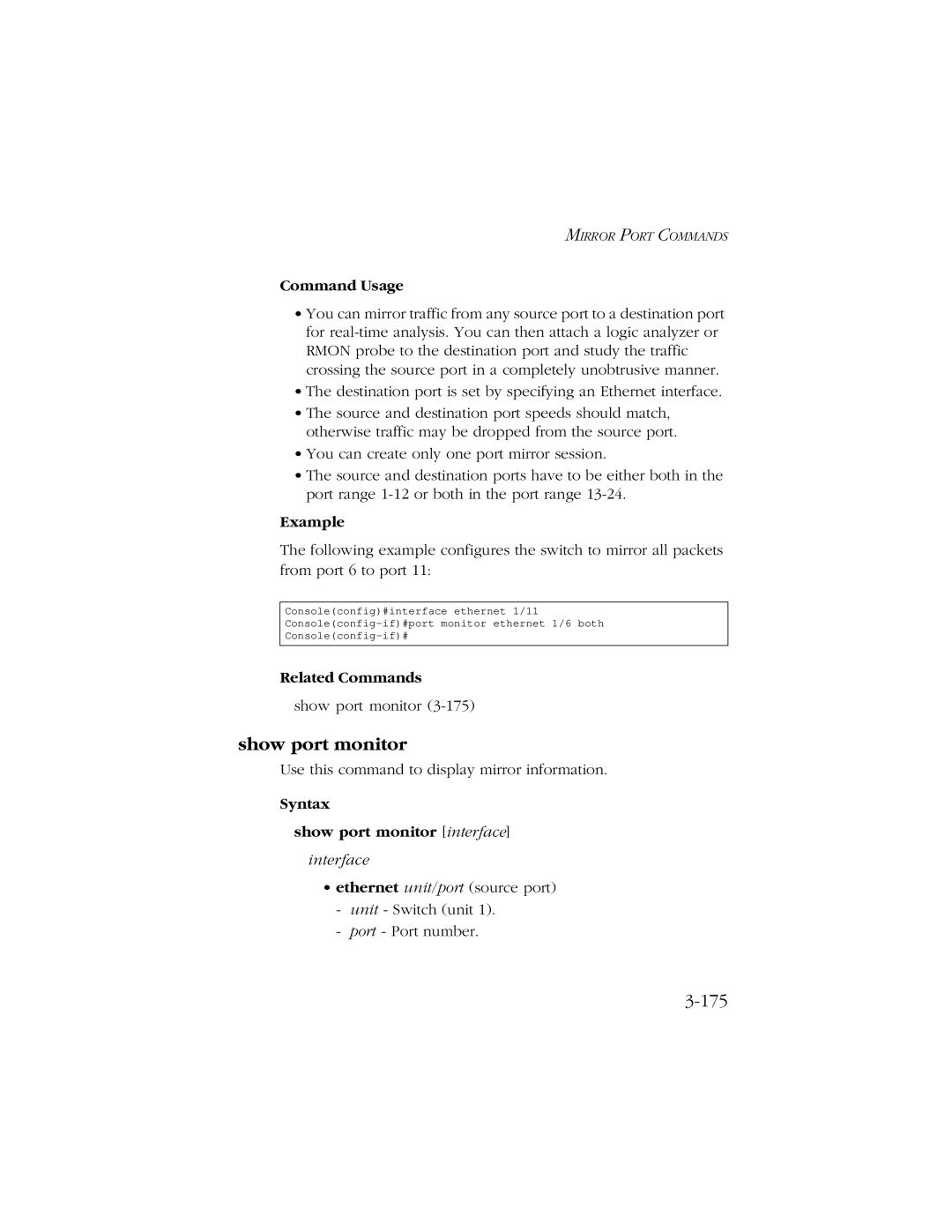 SMC Networks 10/100/1000 SMCGS8P-Smart manual 175, Syntax Show port monitor interface 