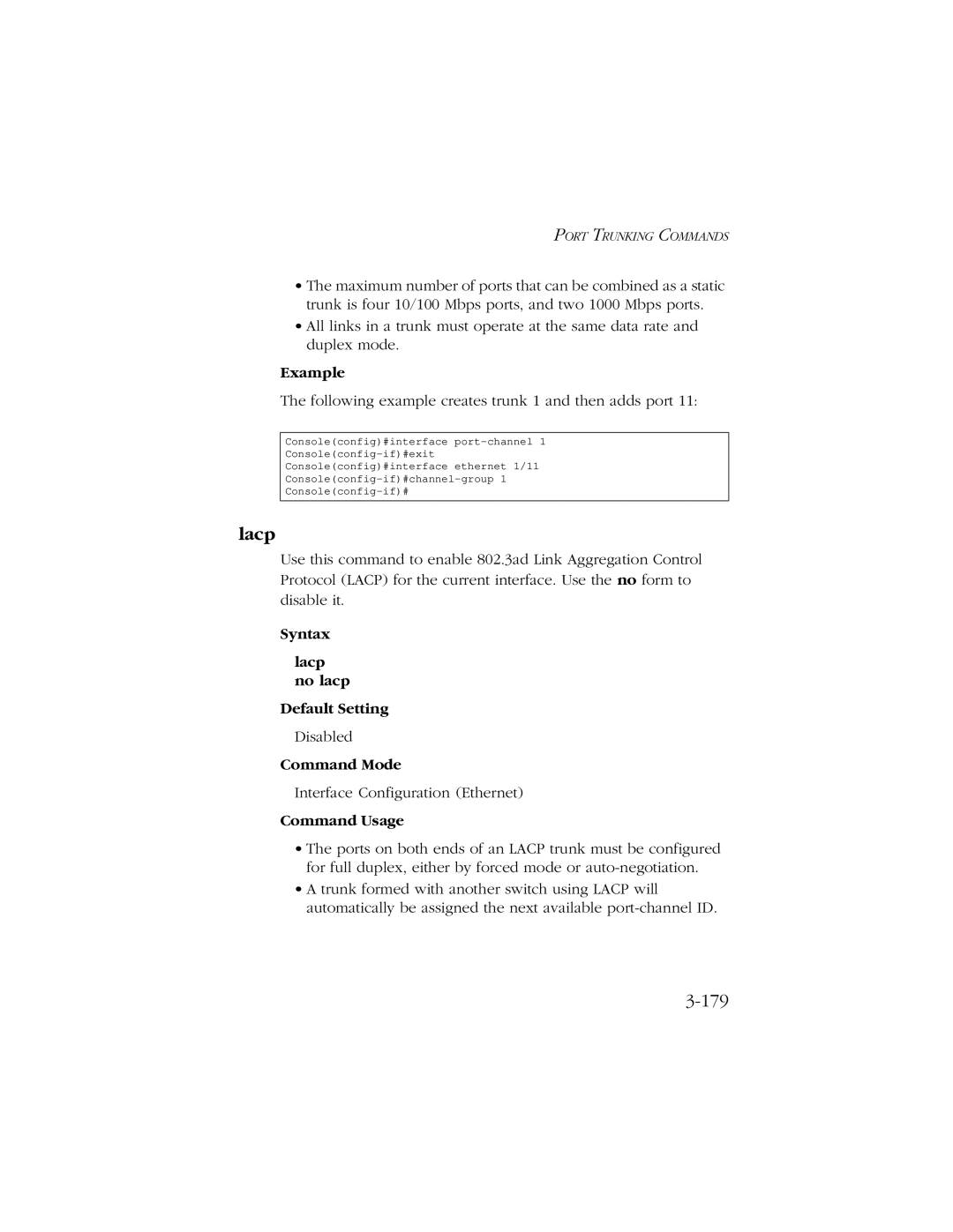 SMC Networks 10/100/1000 SMCGS8P-Smart manual 179, Syntax Lacp no lacp Default Setting 