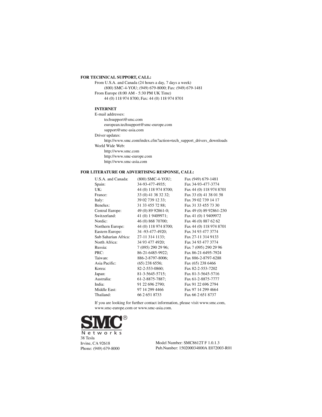 SMC Networks 10/100/1000 SMCGS8P-Smart manual For Technical SUPPORT, Call 