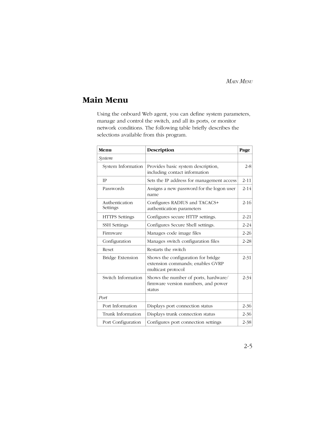 SMC Networks 10/100/1000 SMCGS8P-Smart manual Main Menu, Menu Description 