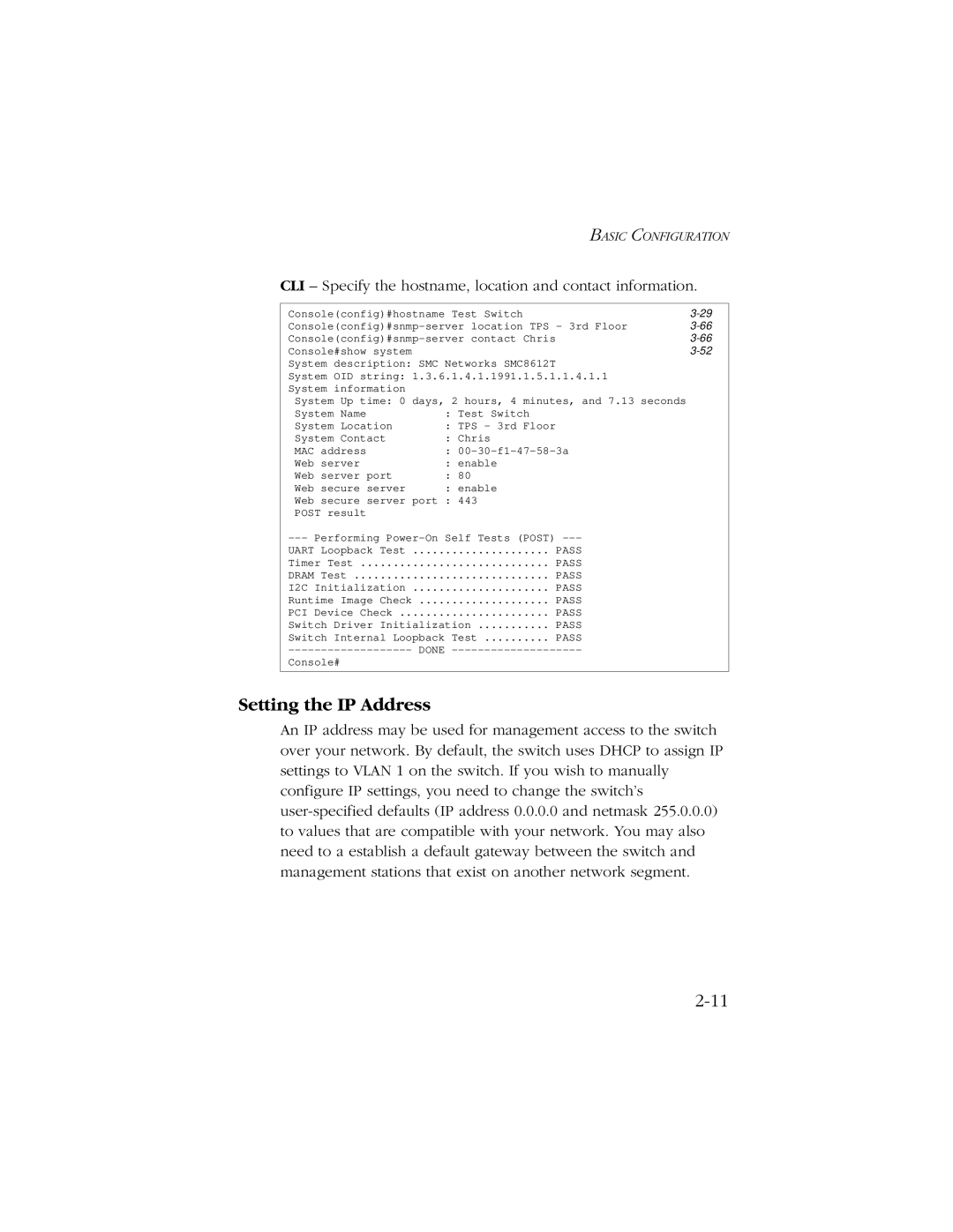 SMC Networks 10/100/1000 SMCGS8P-Smart Setting the IP Address, CLI Specify the hostname, location and contact information 