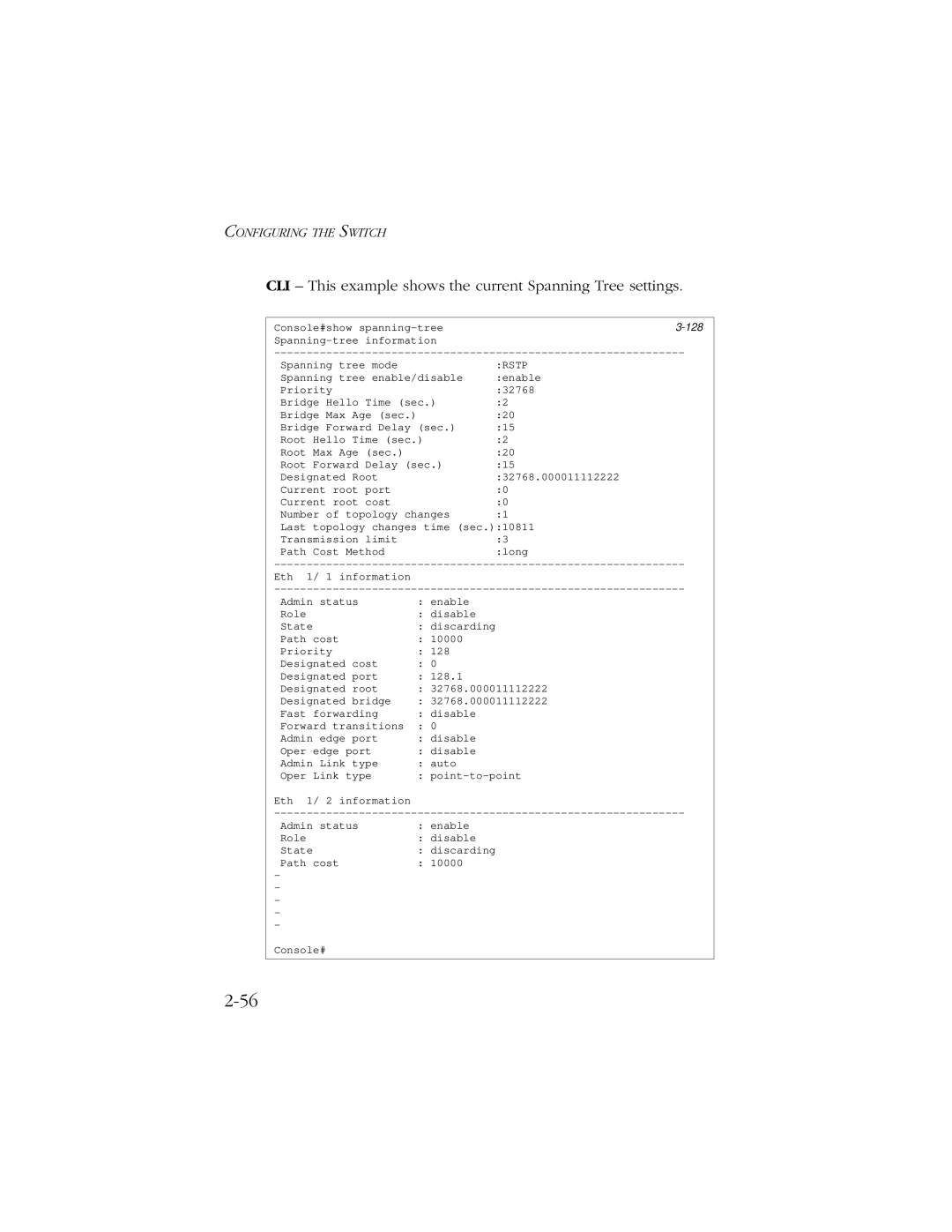 SMC Networks 10/100/1000 SMCGS8P-Smart manual CLI This example shows the current Spanning Tree settings 