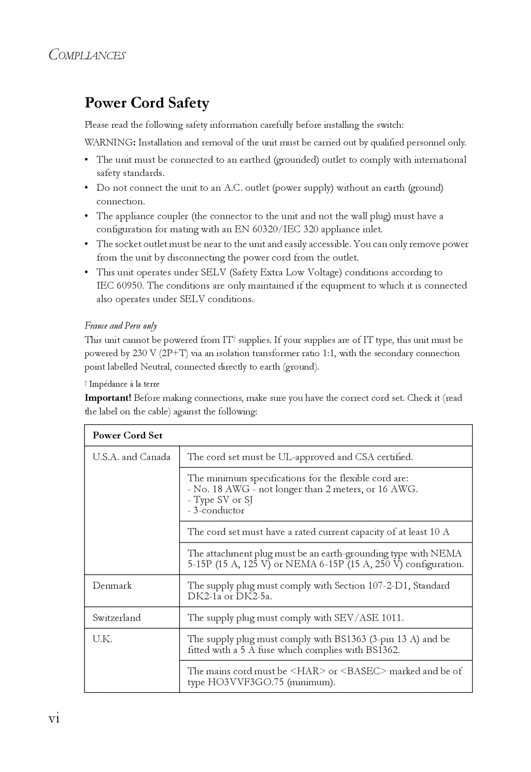SMC Networks 10G manual Power Cord Safety, France and Peru only 