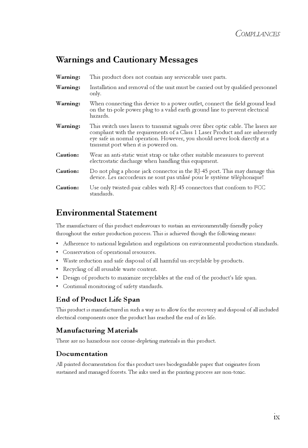 SMC Networks 10G manual Environmental Statement, End of Product Life Span, Manufacturing Materials, Documentation 