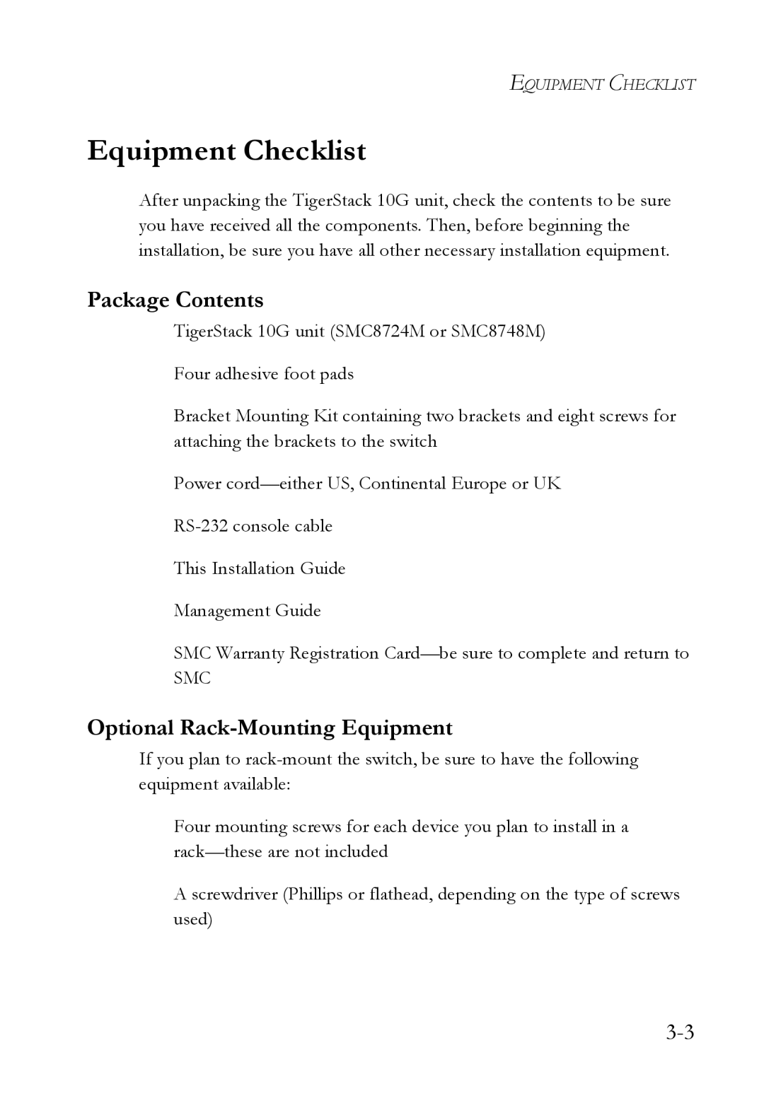 SMC Networks 10G manual Equipment Checklist, Package Contents, Optional Rack-Mounting Equipment 