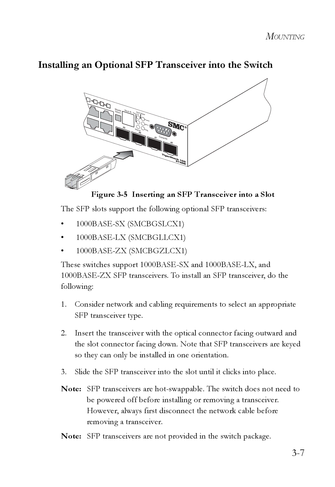 SMC Networks 10G manual Installing an Optional SFP Transceiver into the Switch, Inserting an SFP Transceiver into a Slot 