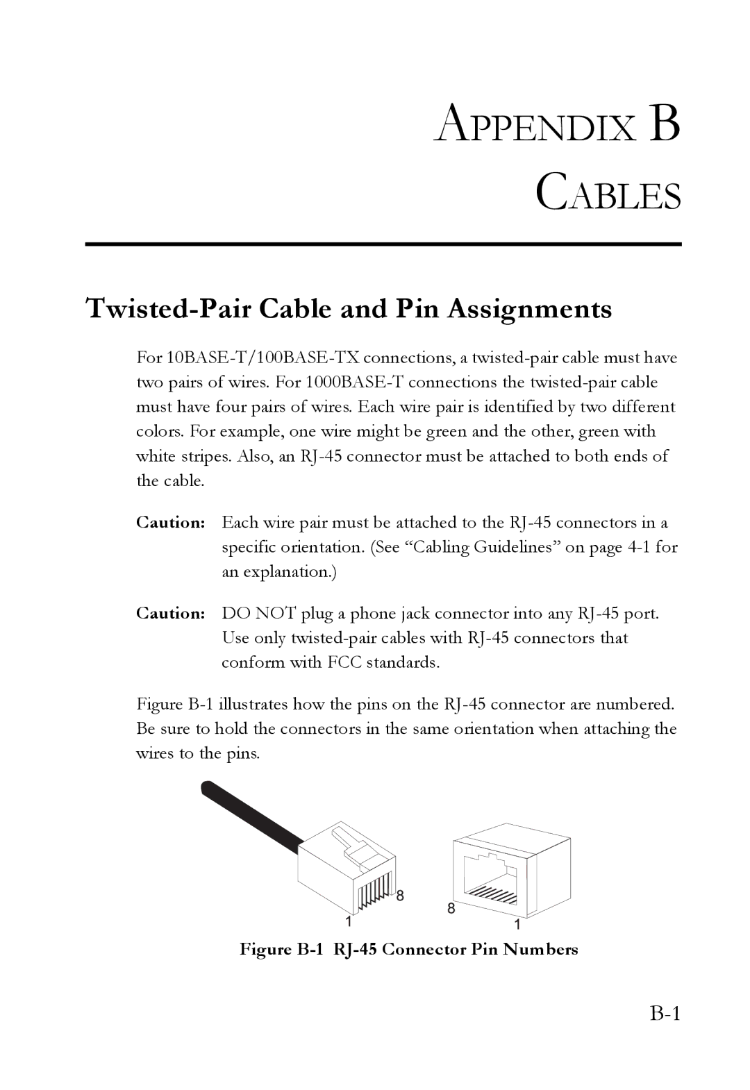 SMC Networks 10G manual Appendix B Cables, Twisted-Pair Cable and Pin Assignments 