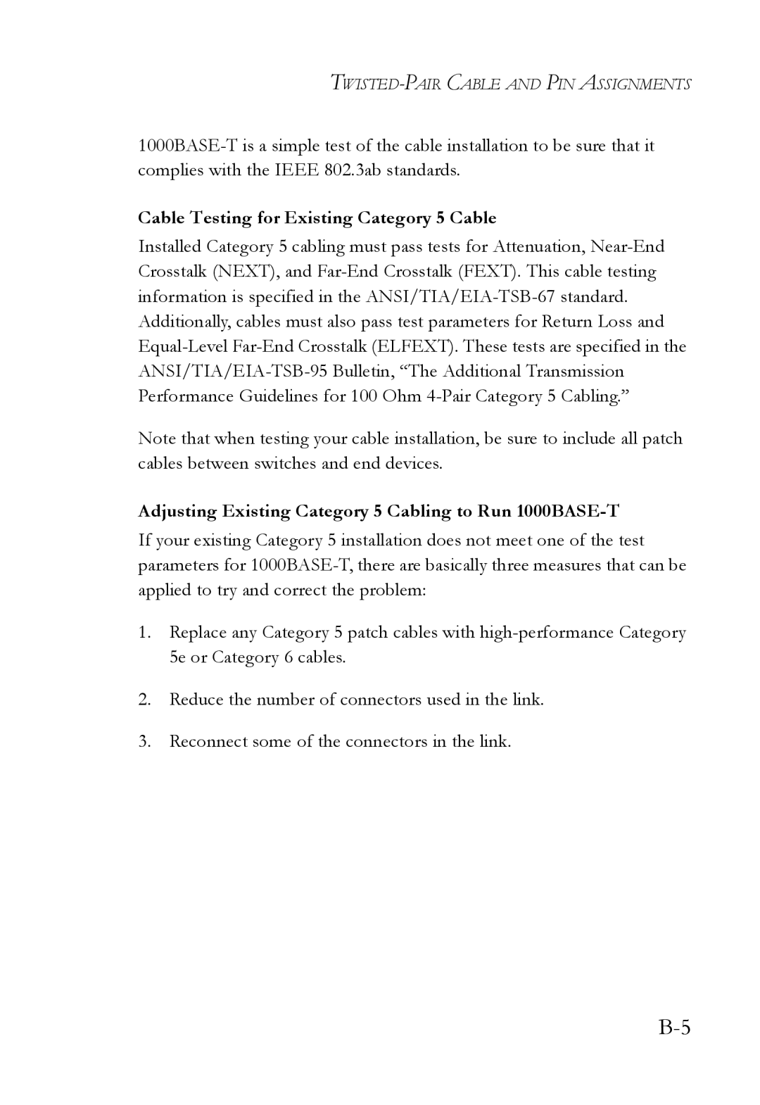 SMC Networks 10G Cable Testing for Existing Category 5 Cable, Adjusting Existing Category 5 Cabling to Run 1000BASE-T 