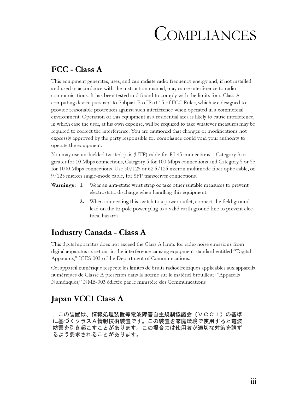 SMC Networks 10G manual Compliances, FCC Class a, Industry Canada Class a, Japan Vcci Class a 