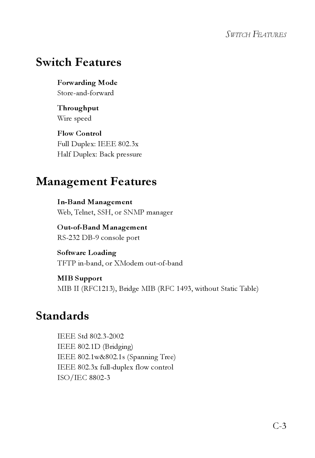 SMC Networks 10G manual Switch Features, Management Features, Standards 