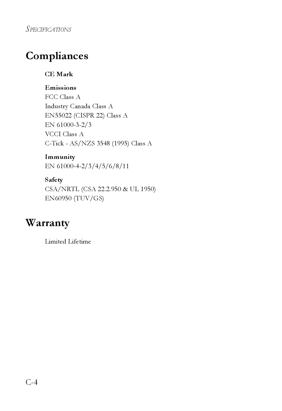 SMC Networks 10G manual Compliances, Warranty, CE Mark Emissions, Immunity, Safety 