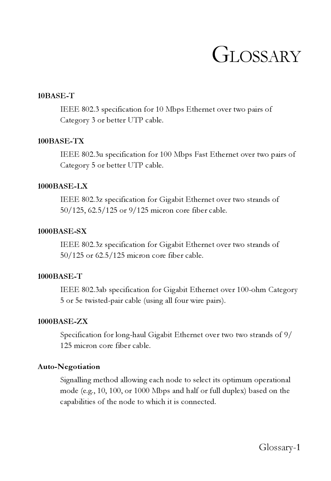 SMC Networks 10G manual Glossary, 1000BASE-T, Auto-Negotiation 