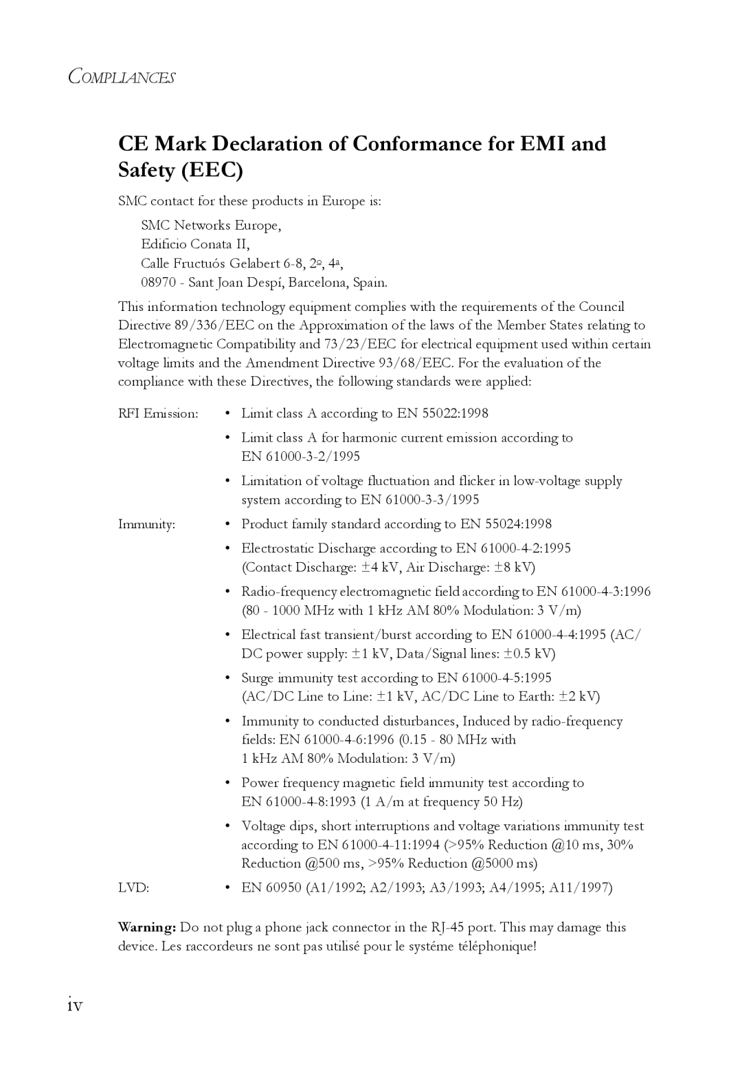 SMC Networks 10G manual CE Mark Declaration of Conformance for EMI and Safety EEC 