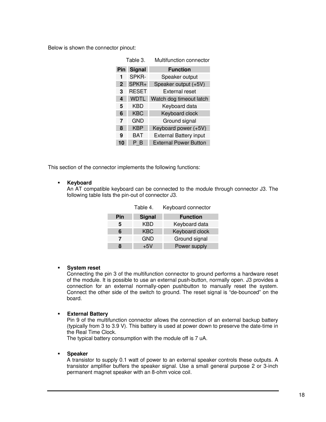 SMC Networks 1232 Series user manual ƒ Keyboard, Pin Signal, +5V, ƒ System reset, ƒ External Battery, ƒ Speaker 