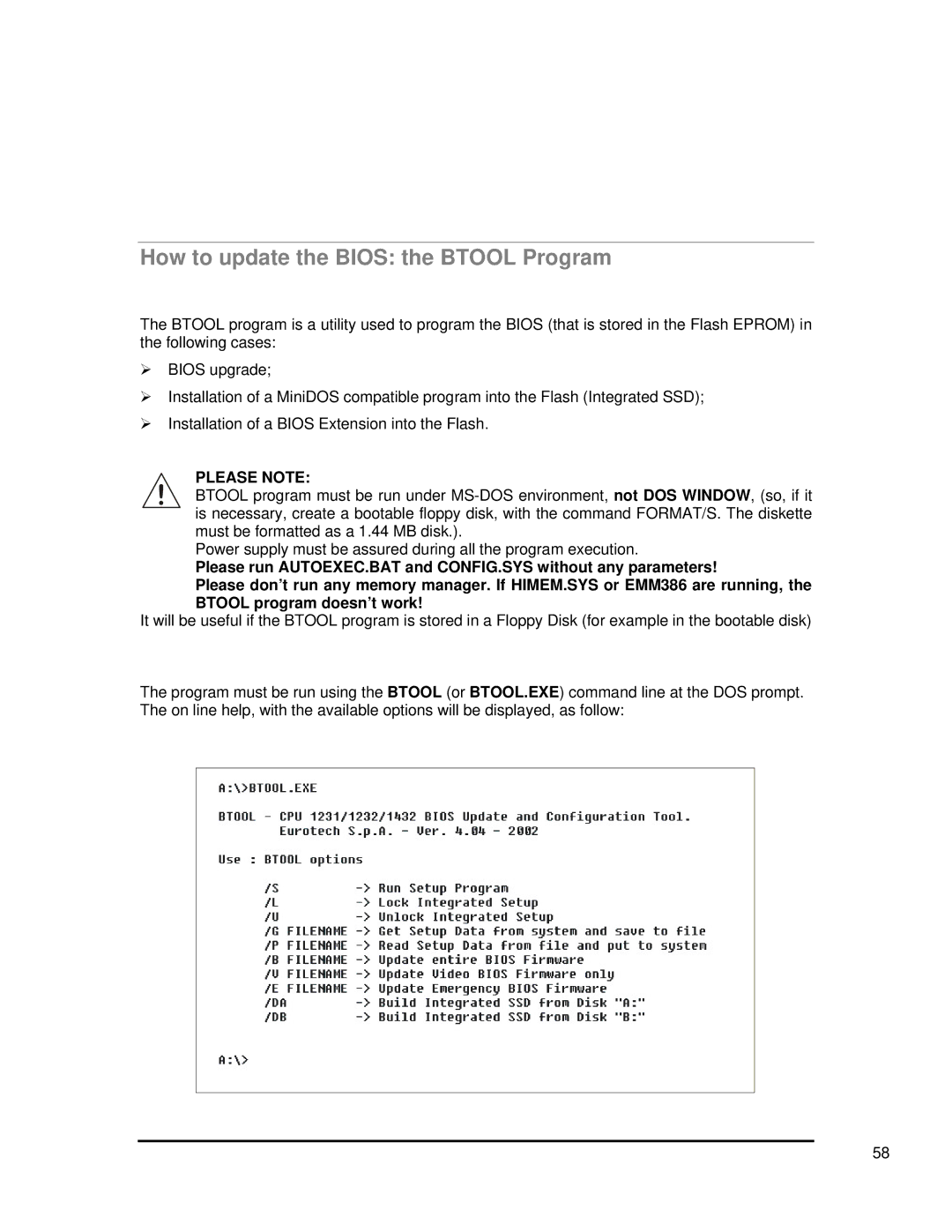 SMC Networks 1232 Series user manual How to update the Bios the Btool Program, Please Note 