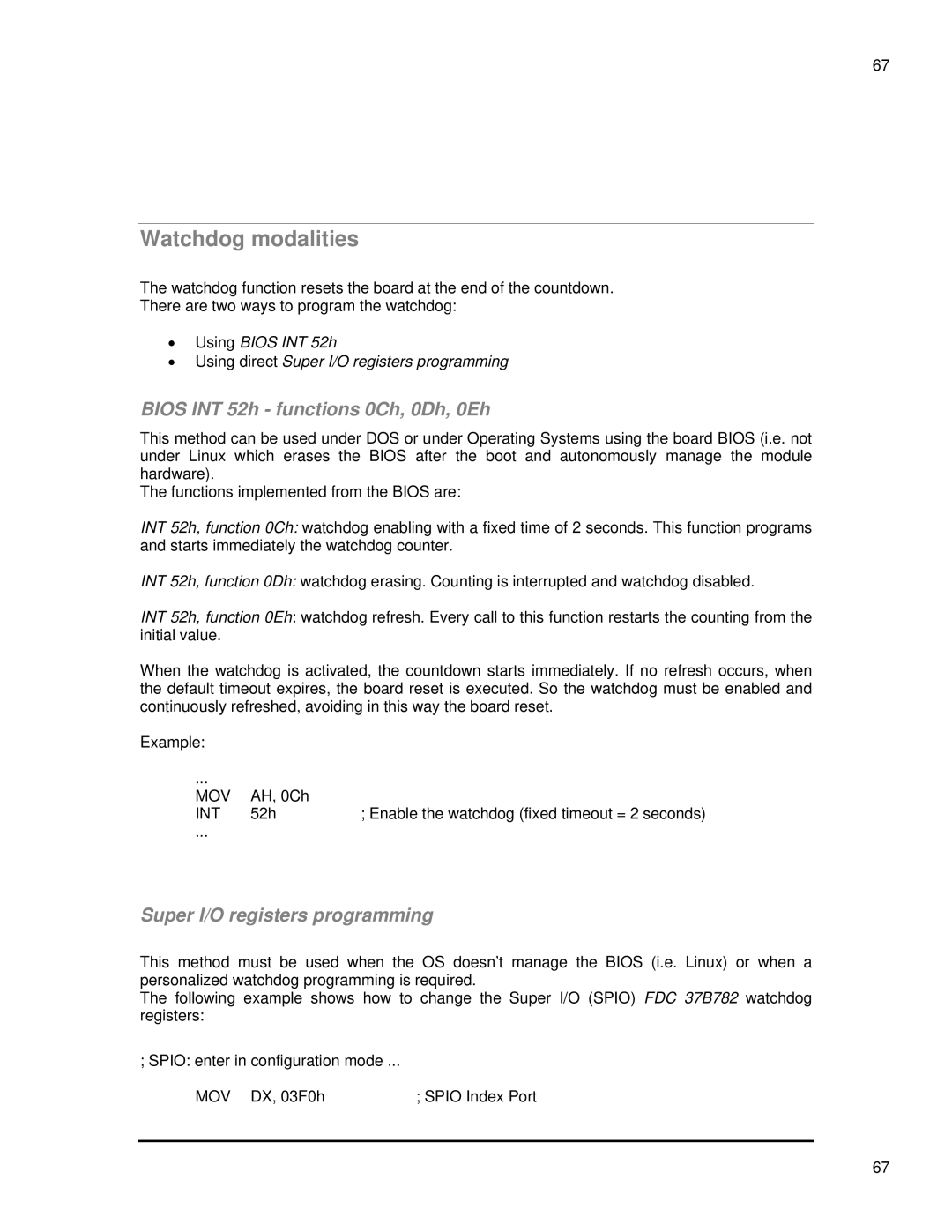 SMC Networks 1232 Series Watchdog modalities, Bios INT 52h functions 0Ch, 0Dh, 0Eh, Super I/O registers programming, Mov 