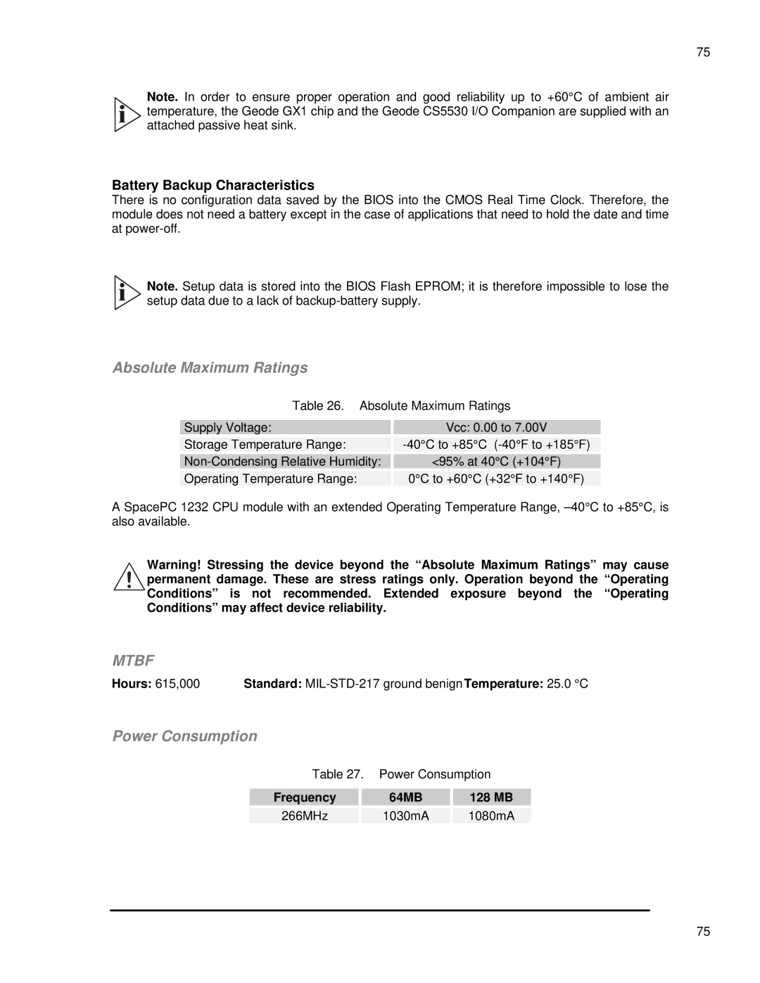 SMC Networks 1232 Series user manual Absolute Maximum Ratings, Power Consumption, Battery Backup Characteristics 