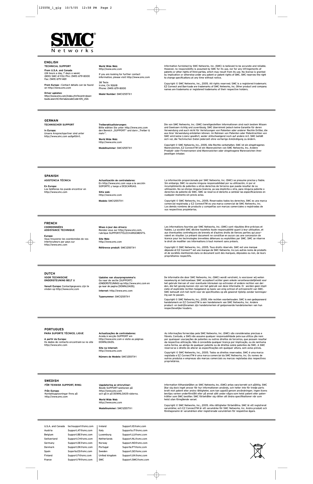 SMC Networks 1255TX-1 manual English, German, Spanish, French, Dutch, Portugues, Swedish 