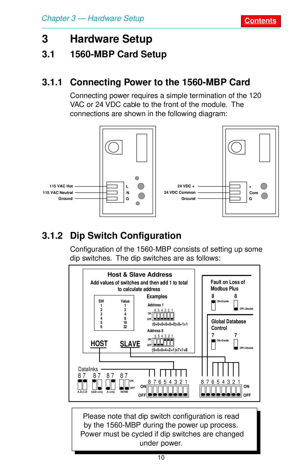 SMC Networks user manual Hardware Setup, MBP Card Setup Connecting Power to the 1560-MBP Card, Dip Switch Configuration 