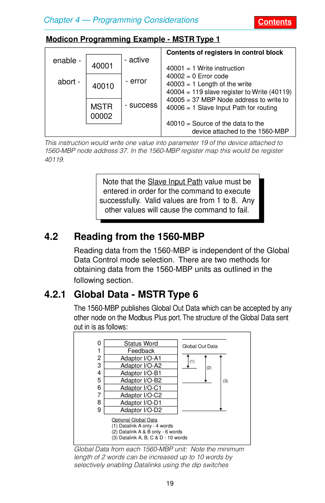 SMC Networks user manual Reading from the 1560-MBP, Global Data Mstr Type, Modicon Programming Example Mstr Type 