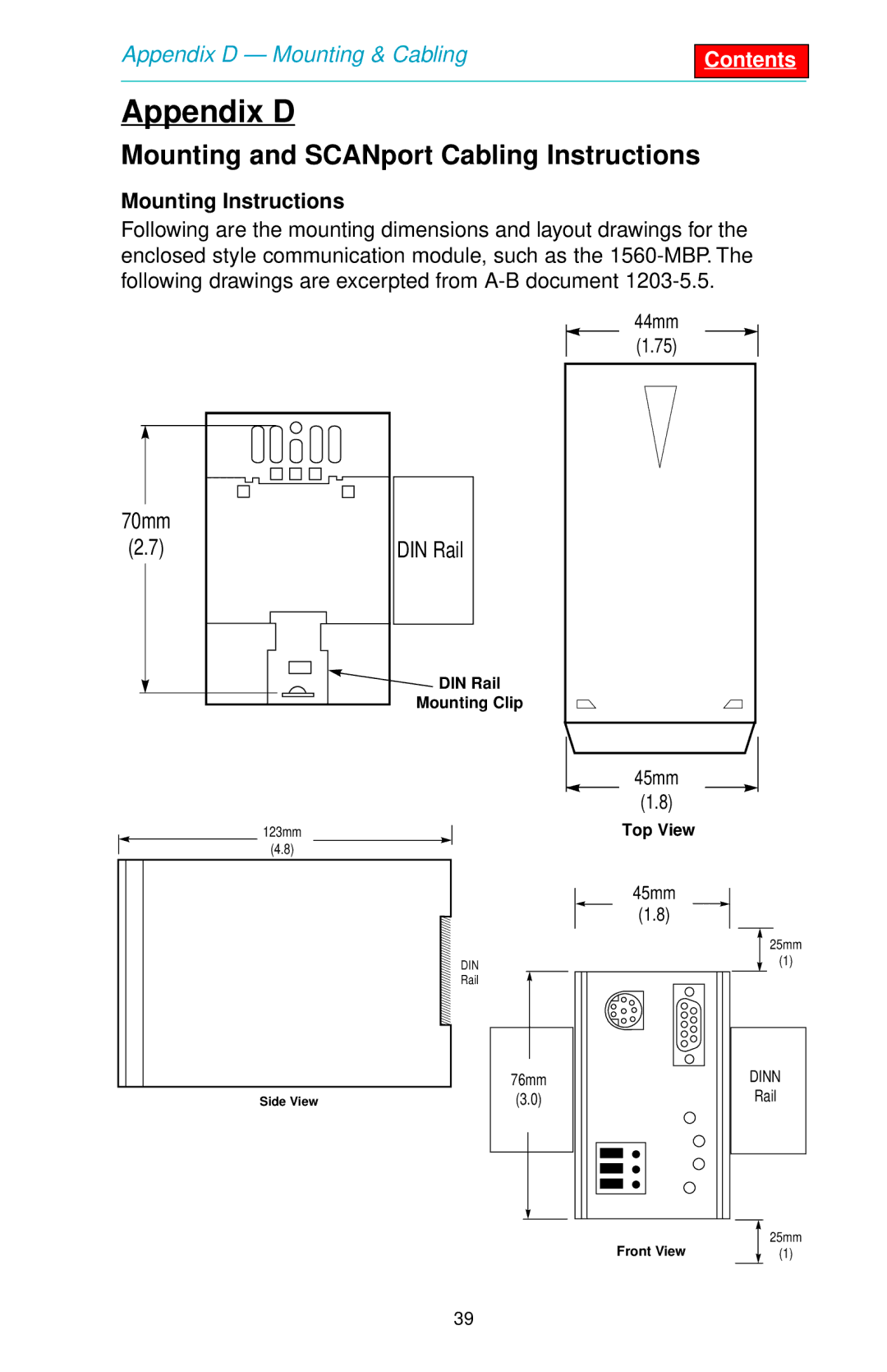 SMC Networks 1560 user manual Appendix D, Mounting and SCANport Cabling Instructions, Mounting Instructions, 70mm, DIN Rail 