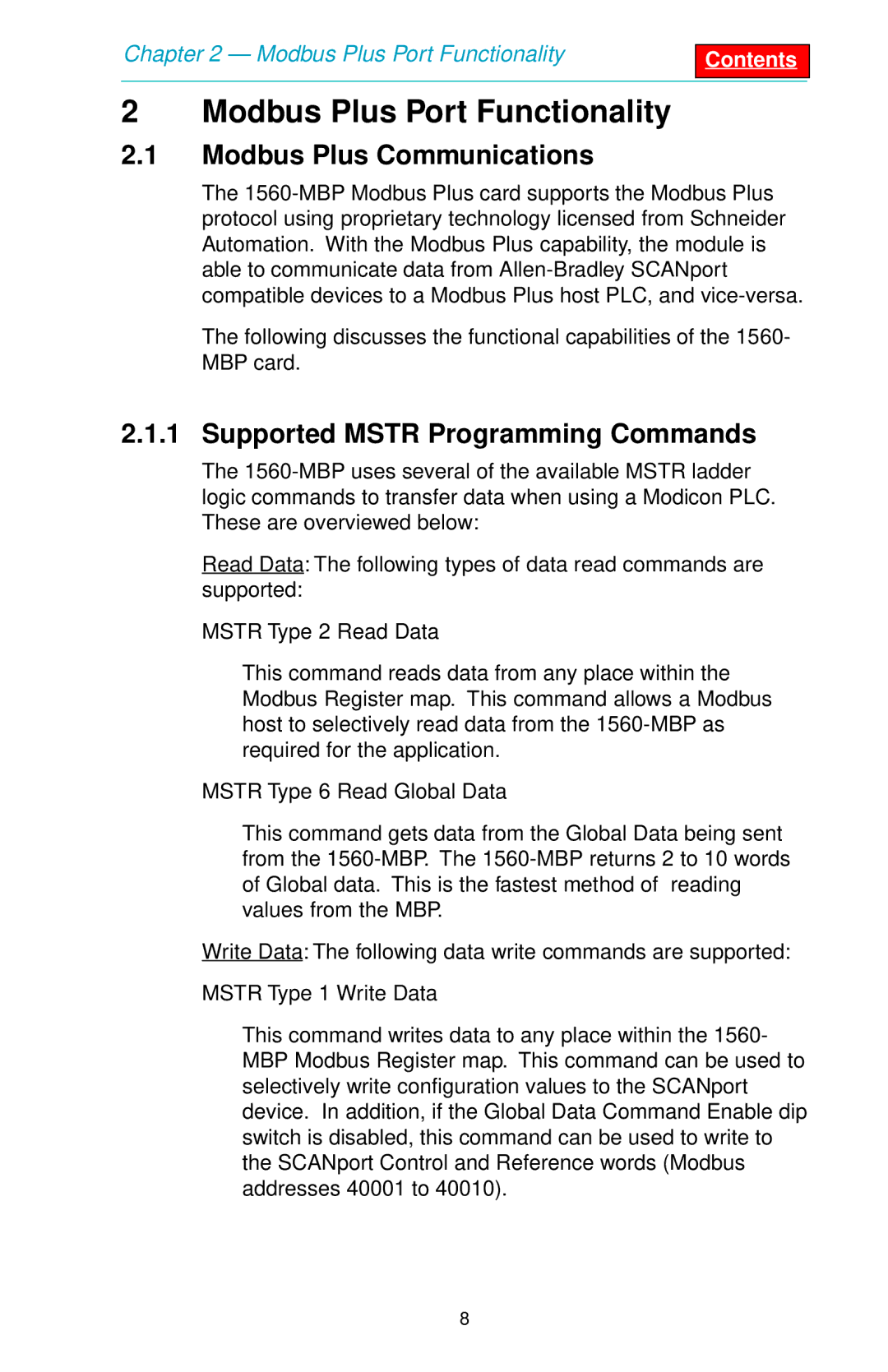 SMC Networks 1560 Modbus Plus Port Functionality, Modbus Plus Communications, Supported Mstr Programming Commands 