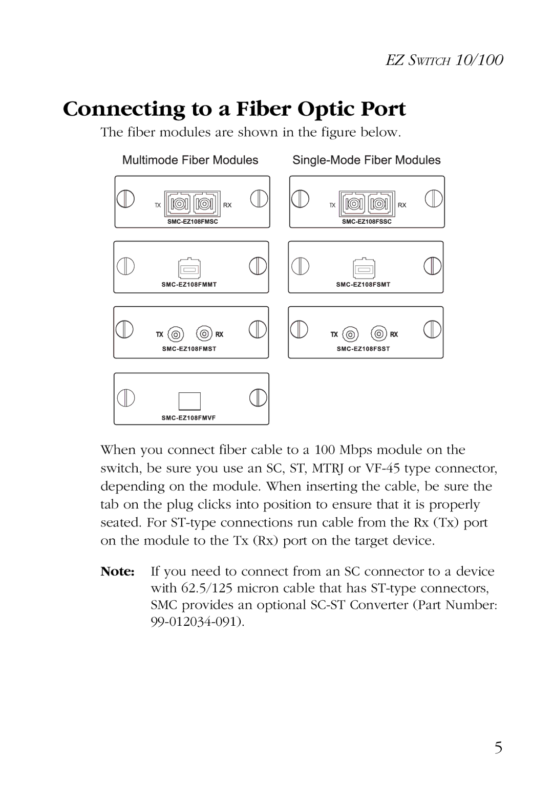 SMC Networks 24/16 manual Connecting to a Fiber Optic Port 