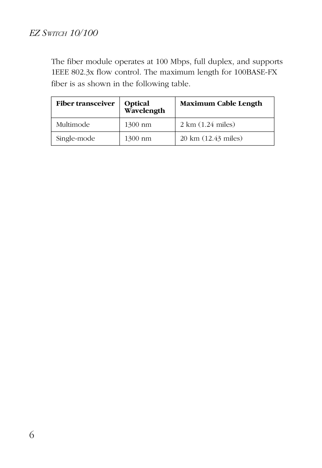 SMC Networks 24/16 manual Fiber transceiver Optical Maximum Cable Length Wavelength 