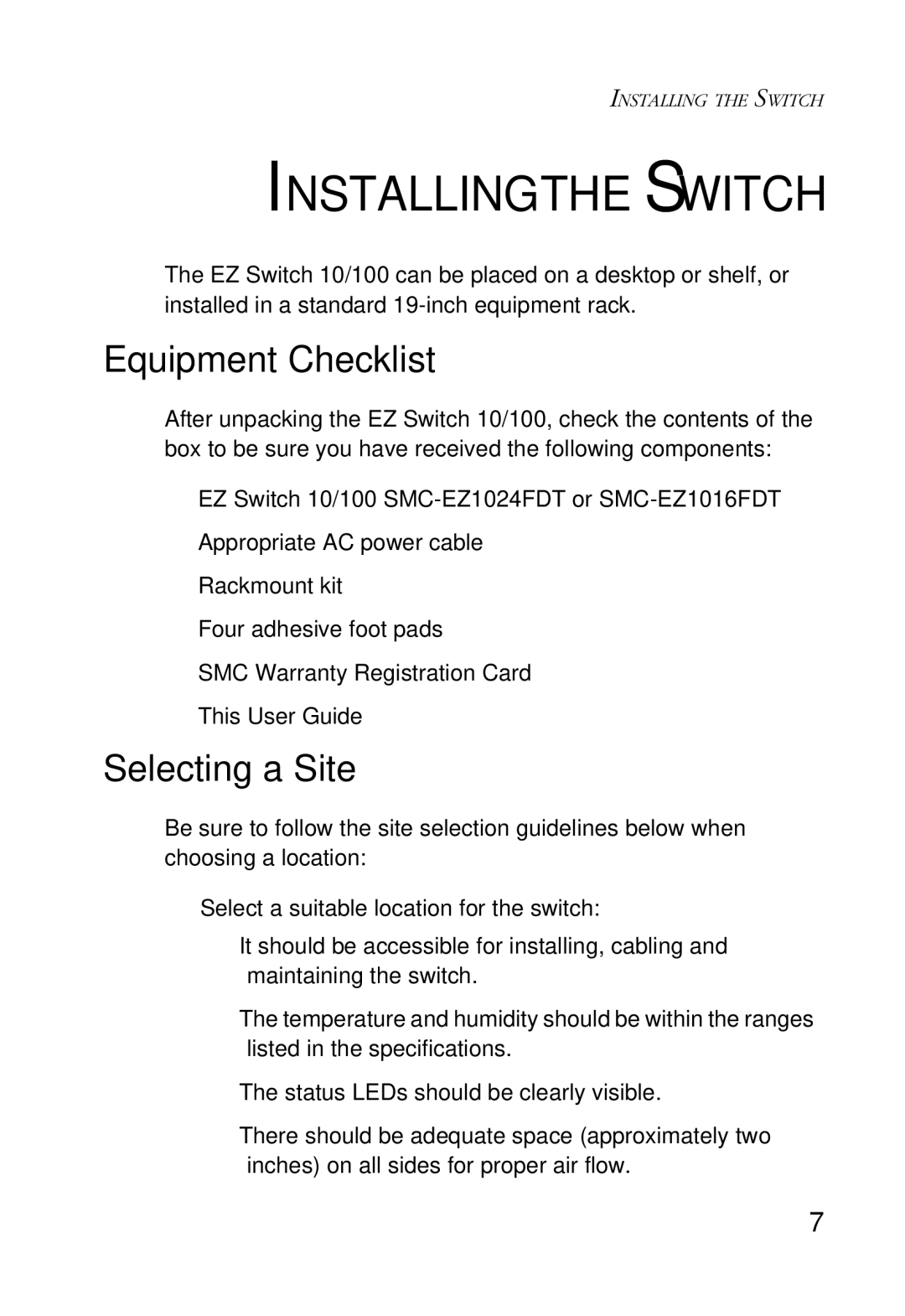 SMC Networks 24/16 manual Installing the Switch, Equipment Checklist, Selecting a Site 