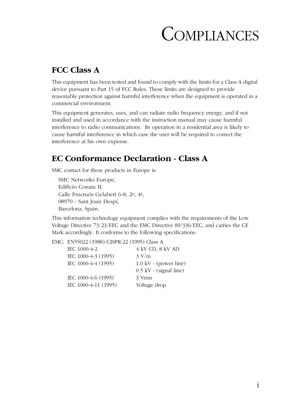 SMC Networks 24/16 manual Compliances, FCC Class a 