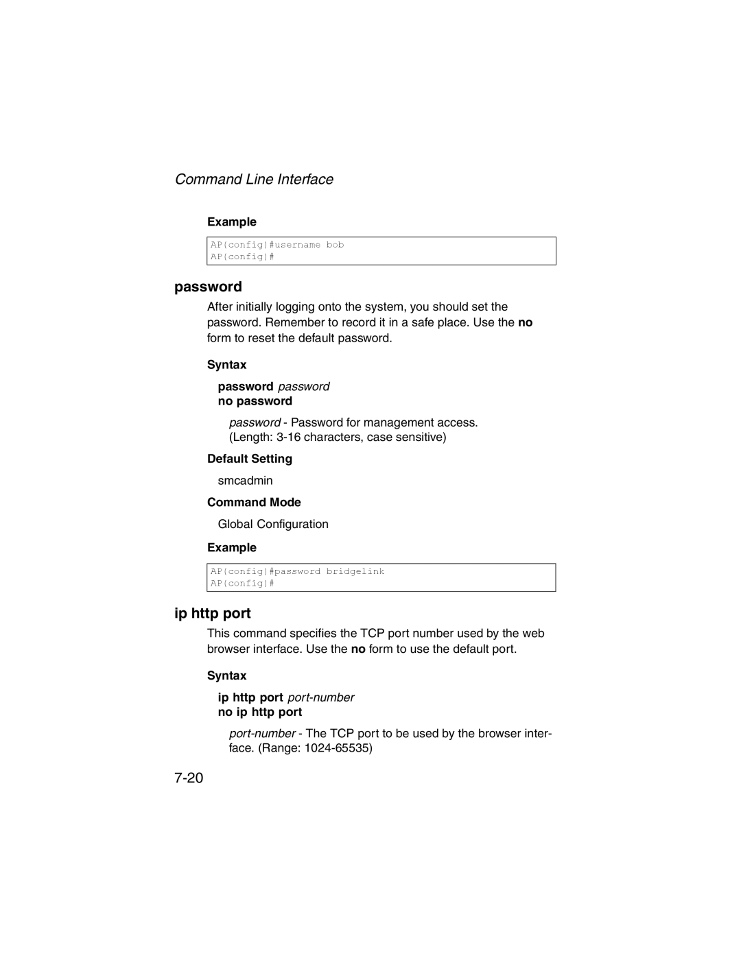 SMC Networks 2.4GHz/5GHz manual Ip http port, Syntax Password password no password 