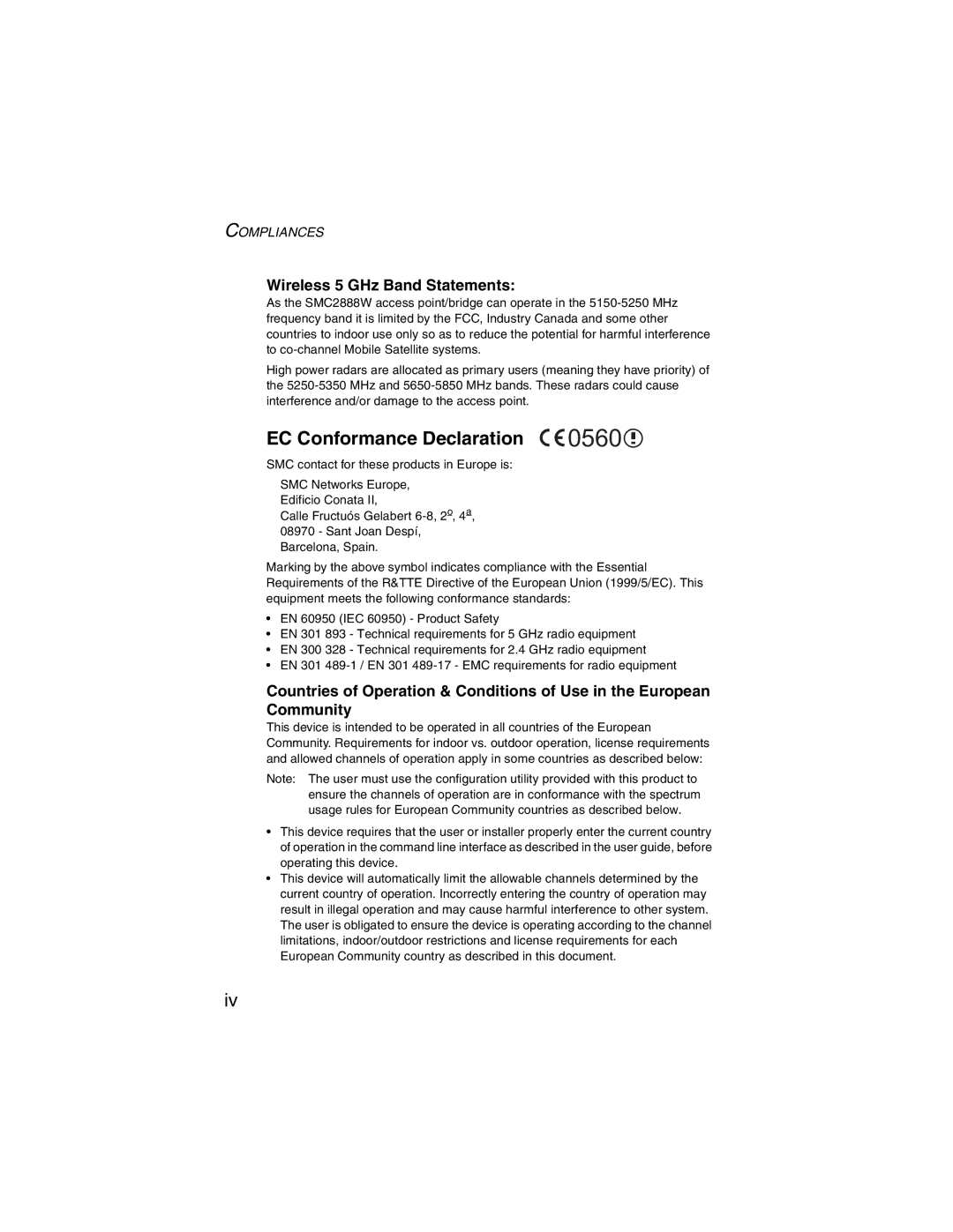 SMC Networks 2.4GHz/5GHz manual EC Conformance Declaration, Wireless 5 GHz Band Statements 