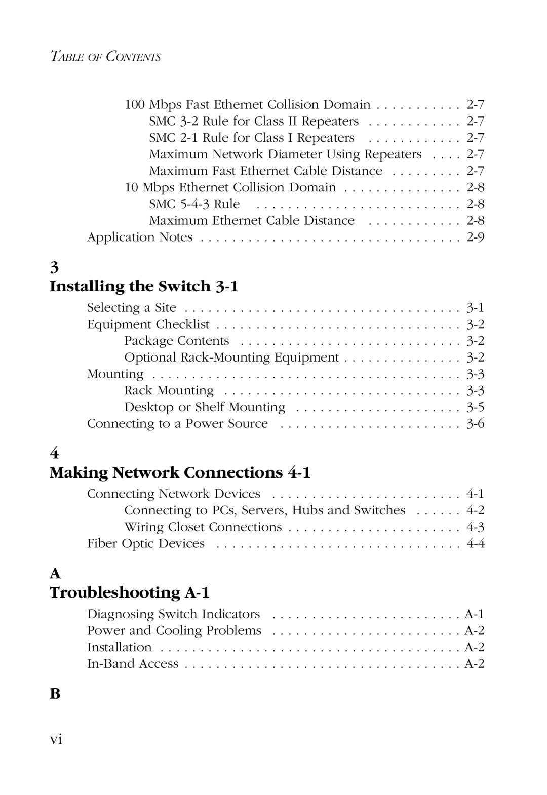 SMC Networks 48-Port manual Installing the Switch, Making Network Connections, Troubleshooting A-1 