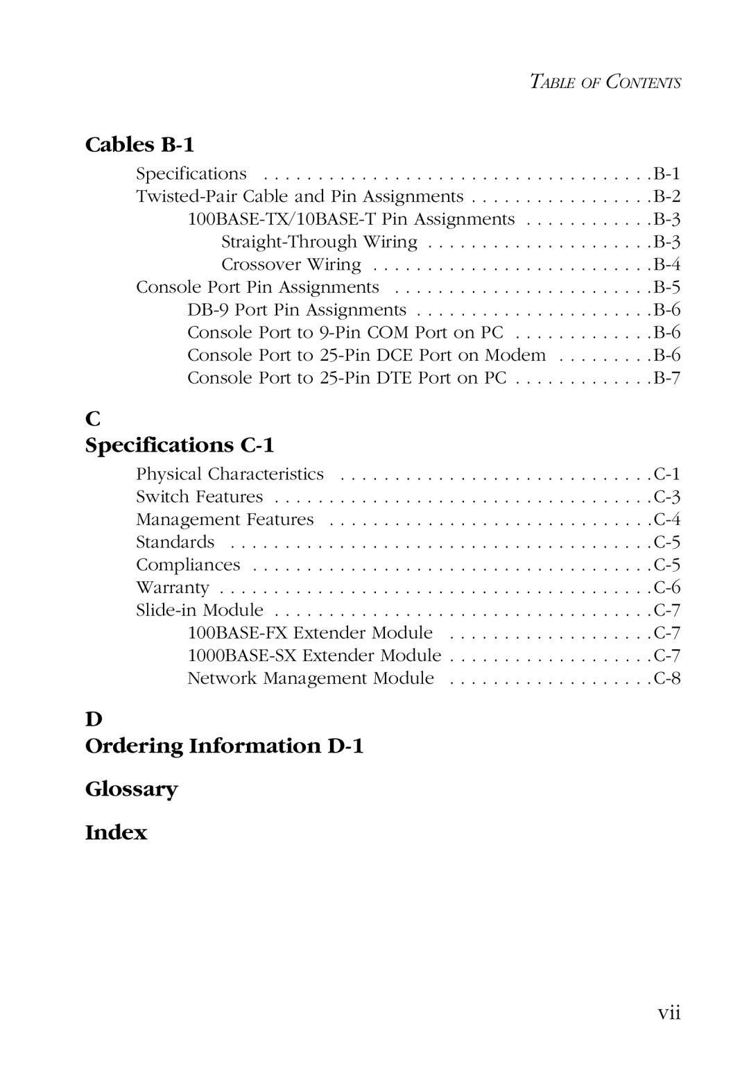 SMC Networks 48-Port manual Cables B-1, Specifications C-1, Ordering Information D-1 Glossary Index, Vii 