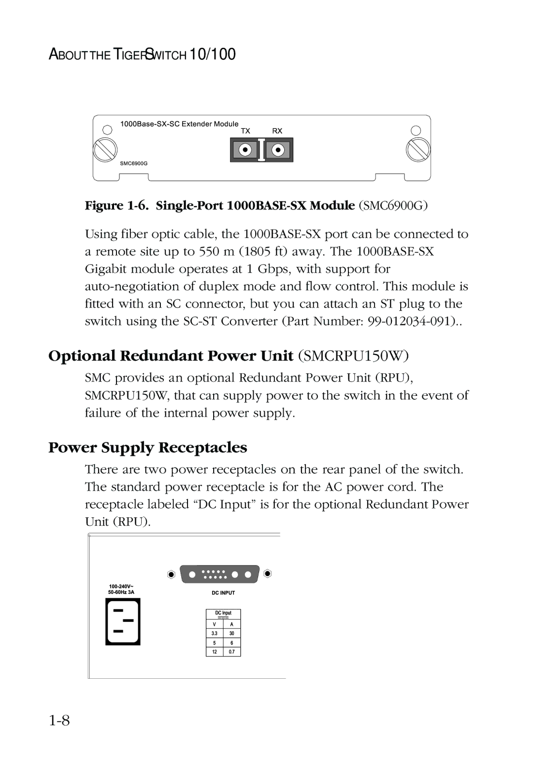 SMC Networks 48-Port manual Optional Redundant Power Unit SMCRPU150W, Power Supply Receptacles 