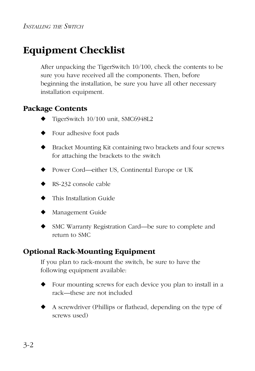 SMC Networks 48-Port manual Equipment Checklist, Package Contents, Optional Rack-Mounting Equipment 