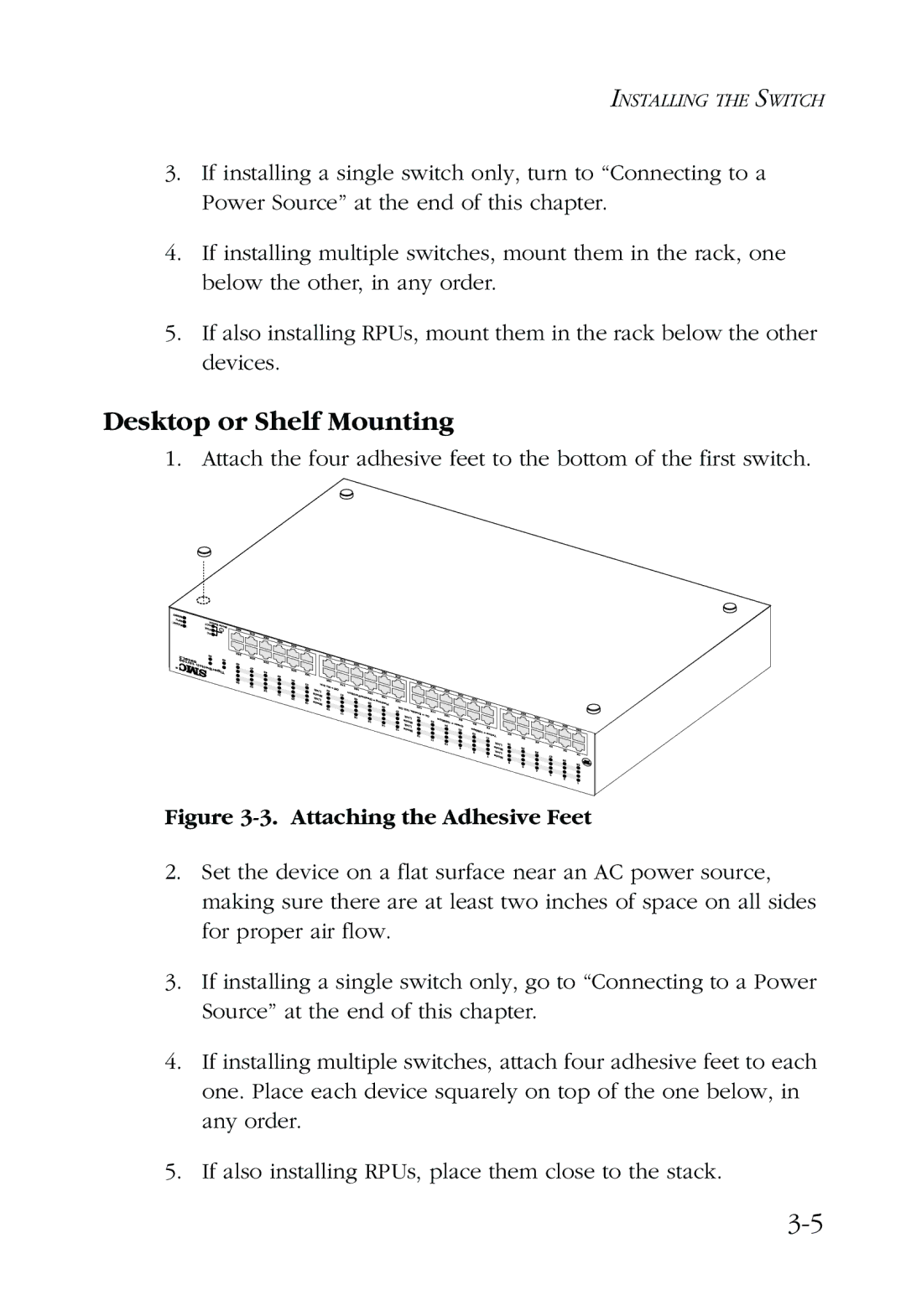 SMC Networks 48-Port manual Desktop or Shelf Mounting, Attaching the Adhesive Feet 