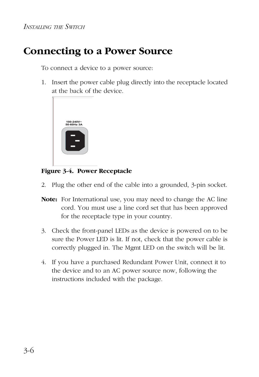 SMC Networks 48-Port manual Connecting to a Power Source, Power Receptacle 