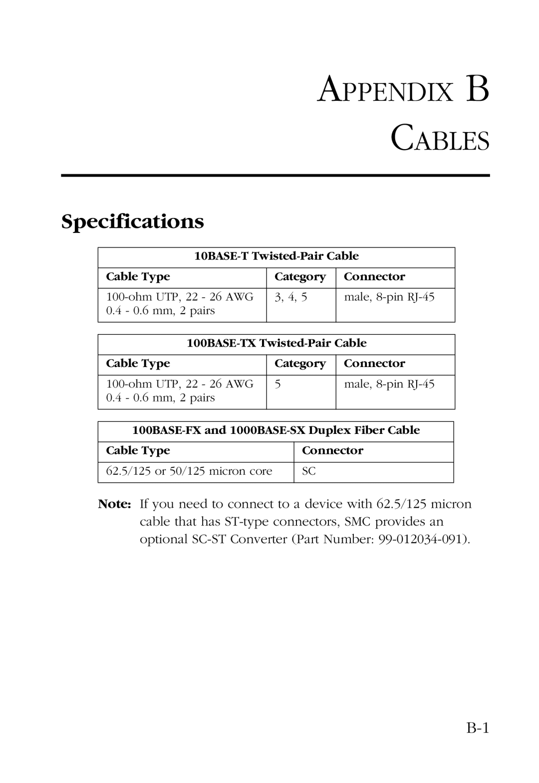 SMC Networks 48-Port manual Appendix B Cables, Specifications 