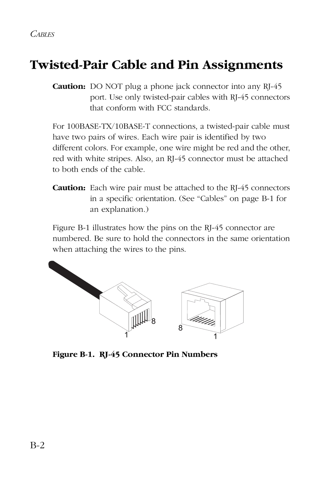 SMC Networks 48-Port manual Twisted-Pair Cable and Pin Assignments, Figure B-1. RJ-45 Connector Pin Numbers 