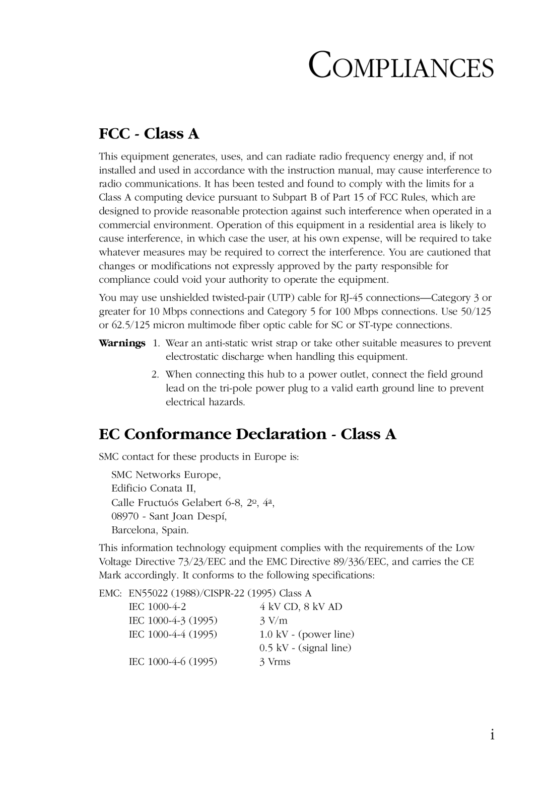 SMC Networks 48-Port manual Compliances, FCC Class a, EC Conformance Declaration Class a 