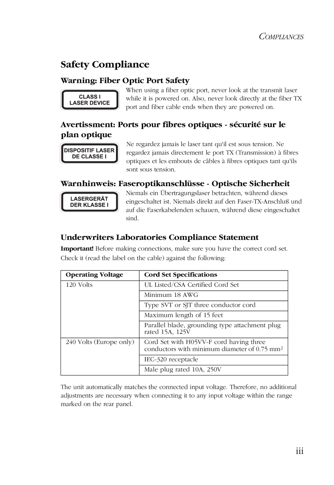 SMC Networks 48-Port manual Safety Compliance, Iii, Warnhinweis Faseroptikanschlüsse Optische Sicherheit 