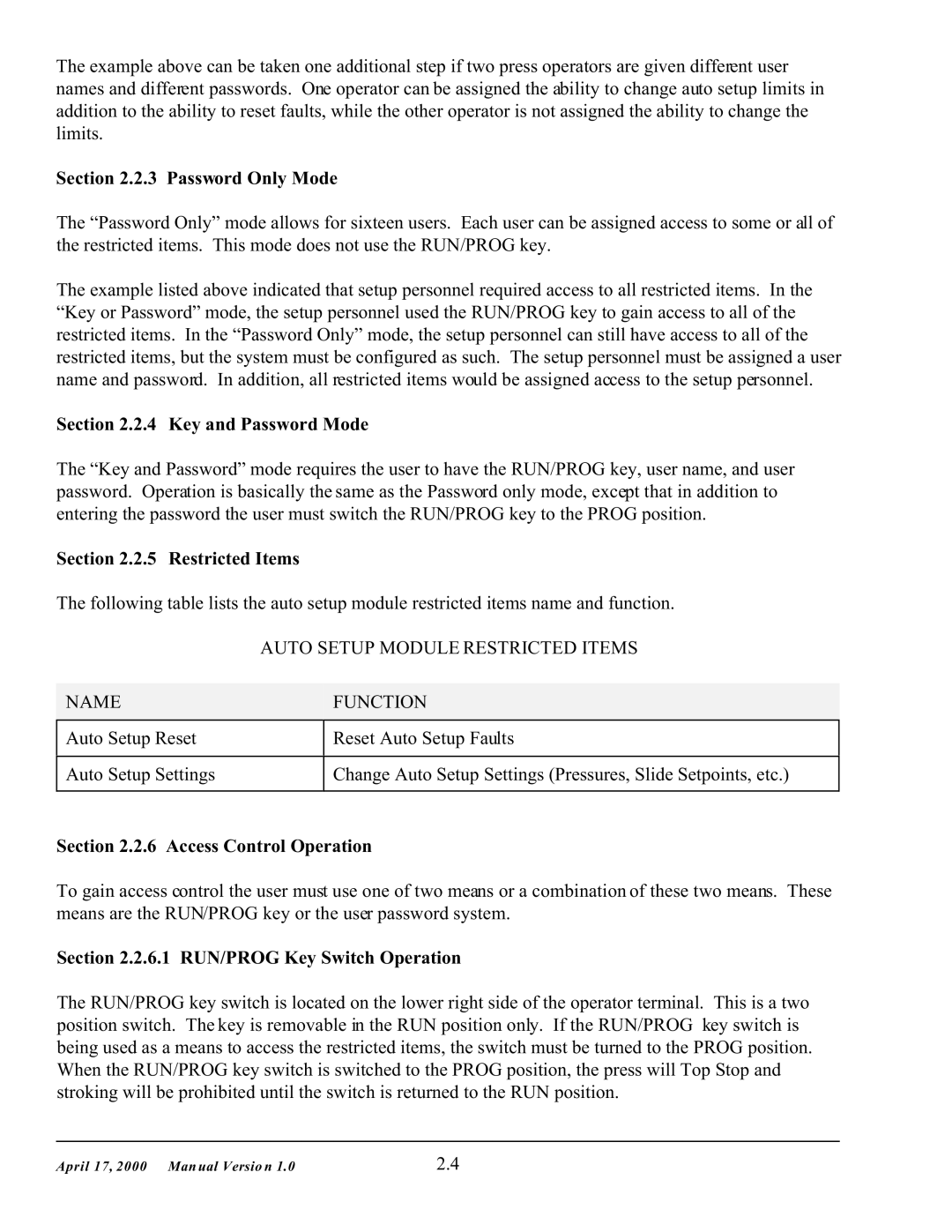 SMC Networks 5000 manual Password Only Mode, Key and Password Mode, Restricted Items, Access Control Operation 