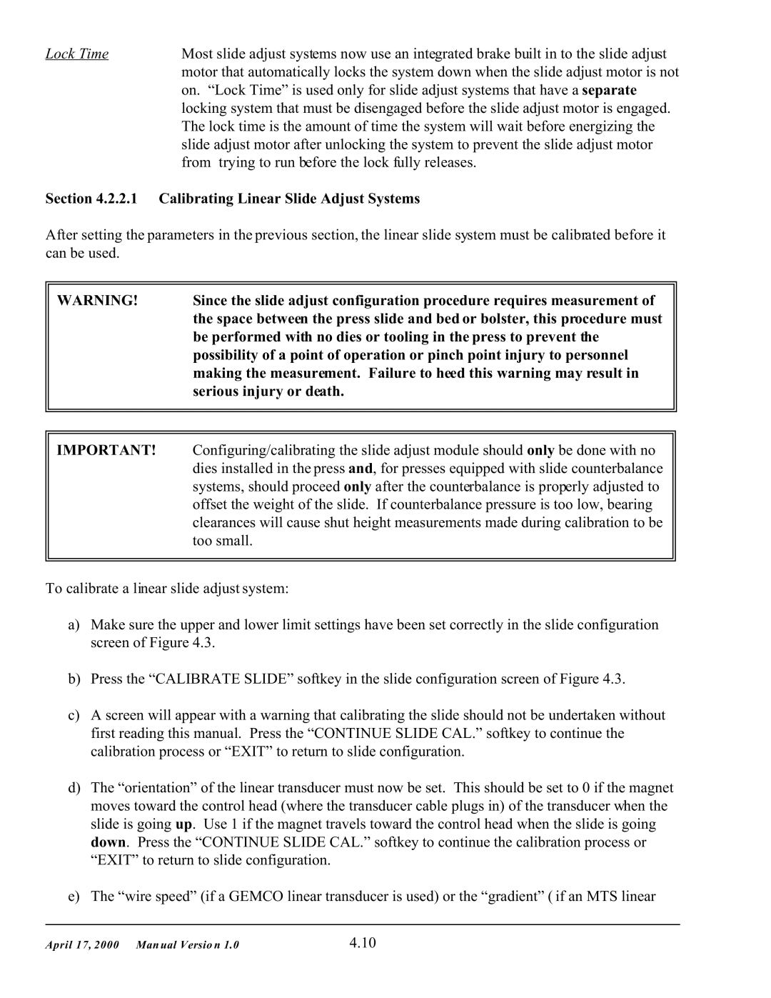SMC Networks 5000 manual Lock Time, Calibrating Linear Slide Adjust Systems, Serious injury or death 
