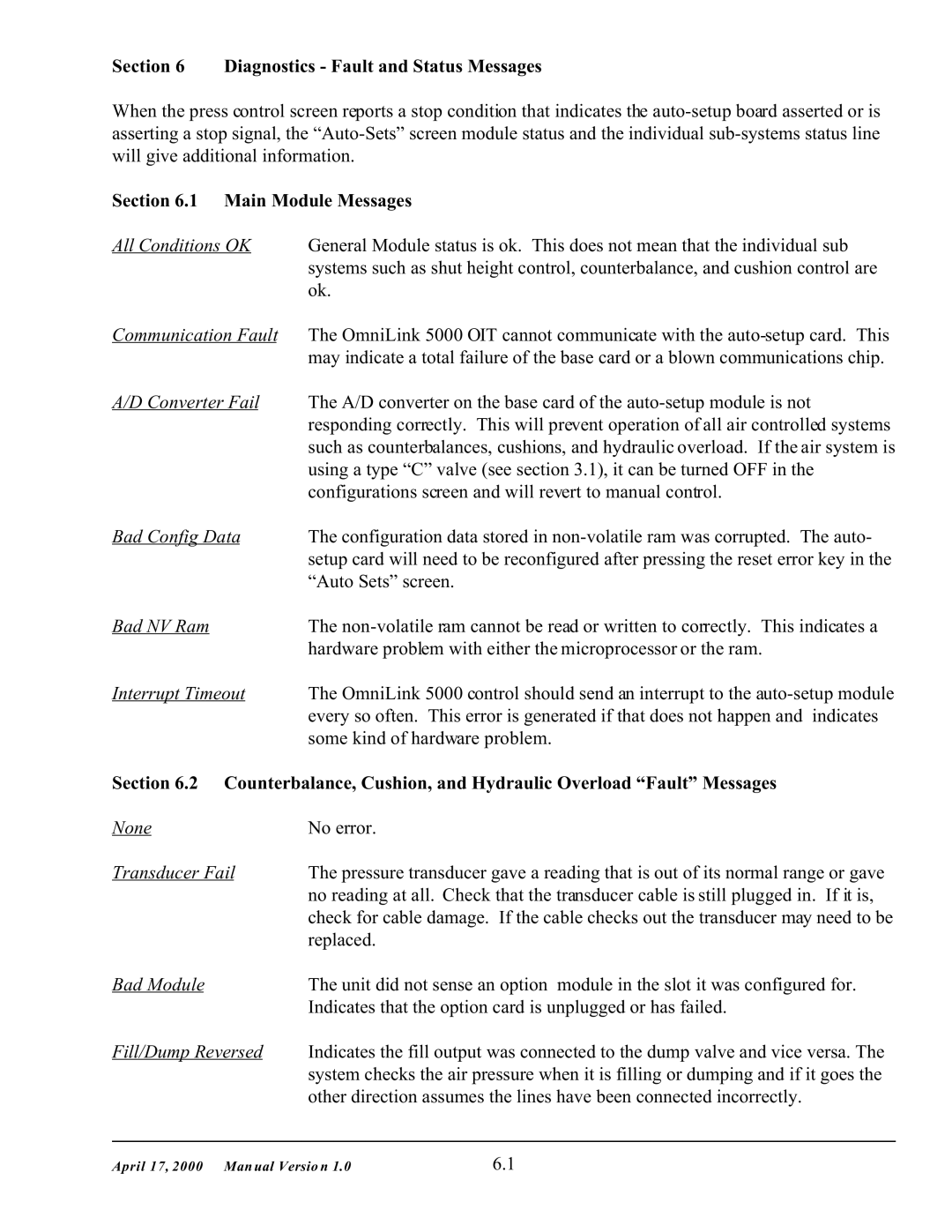 SMC Networks 5000 manual Diagnostics Fault and Status Messages, Main Module Messages 